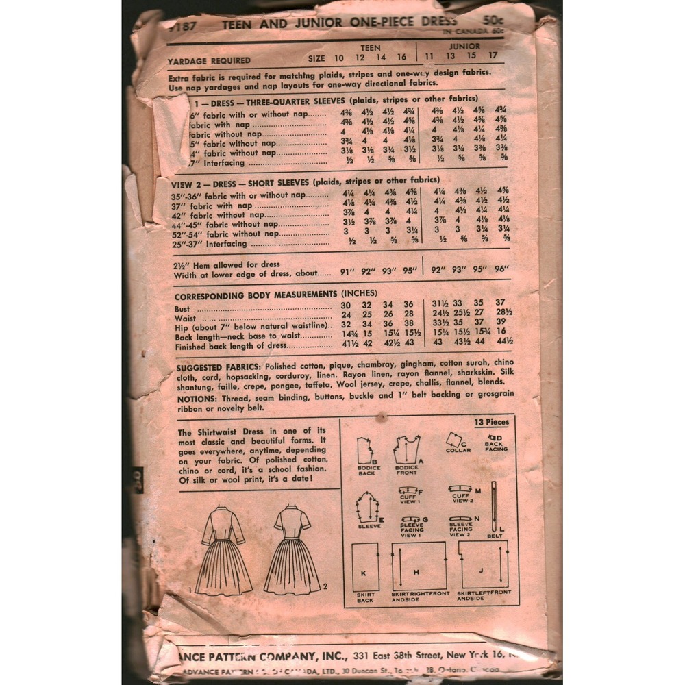 Vintage Advance 9187 Shirtwaist Dress Sewing Pattern Teen 16 1950s Rockabilly - Picture 2 of 2